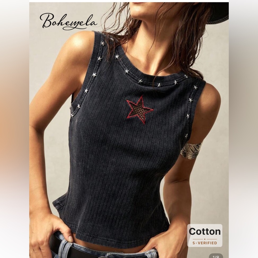 Black Ribbed Sleeveless Tank Top with Red Star Embellishment NWT boho sz sm - Picture 2 of 7